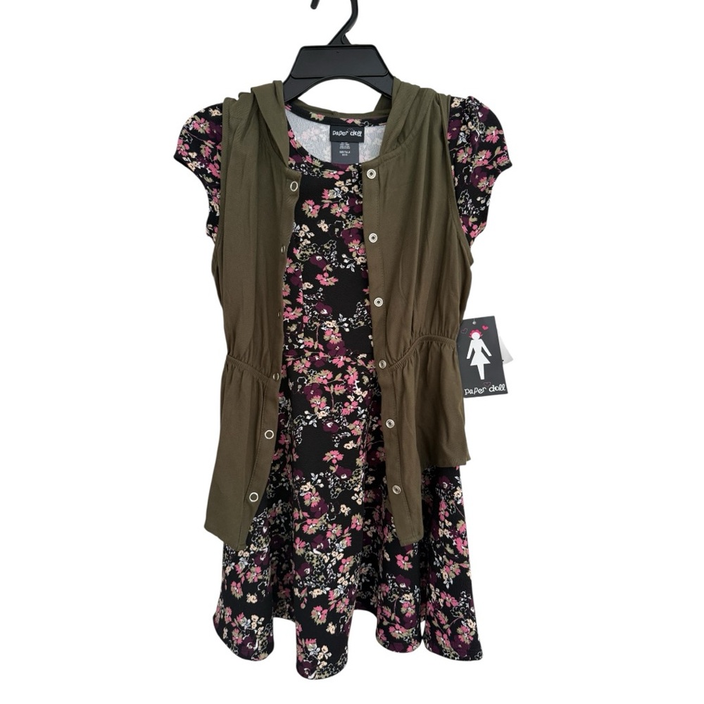 NWT! Paper Doll Girls Floral Dress with green detachable vest (size 7/8)